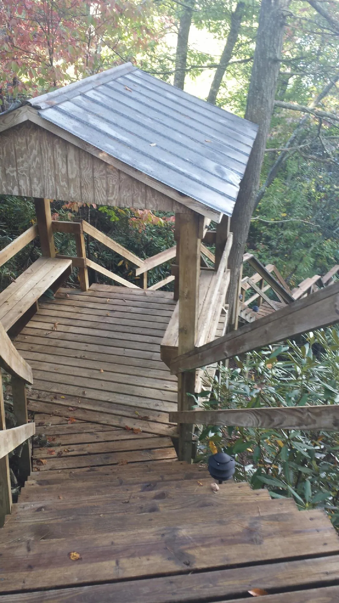 Metal roofed shelter over wooden steps on a wooded walkway — Skylight Repair & Installation work by our crew in Betterton